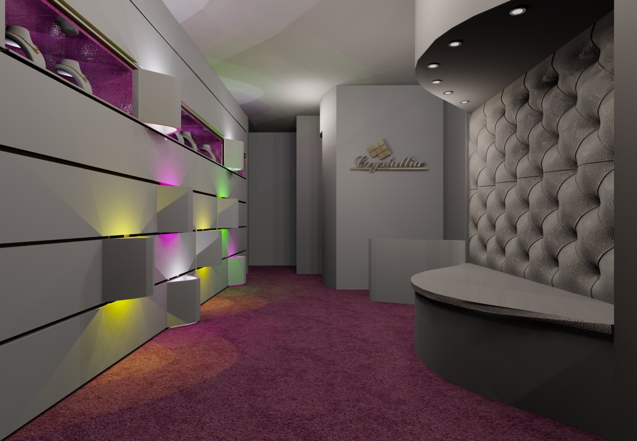 Tufted lounge wall and lit display niches