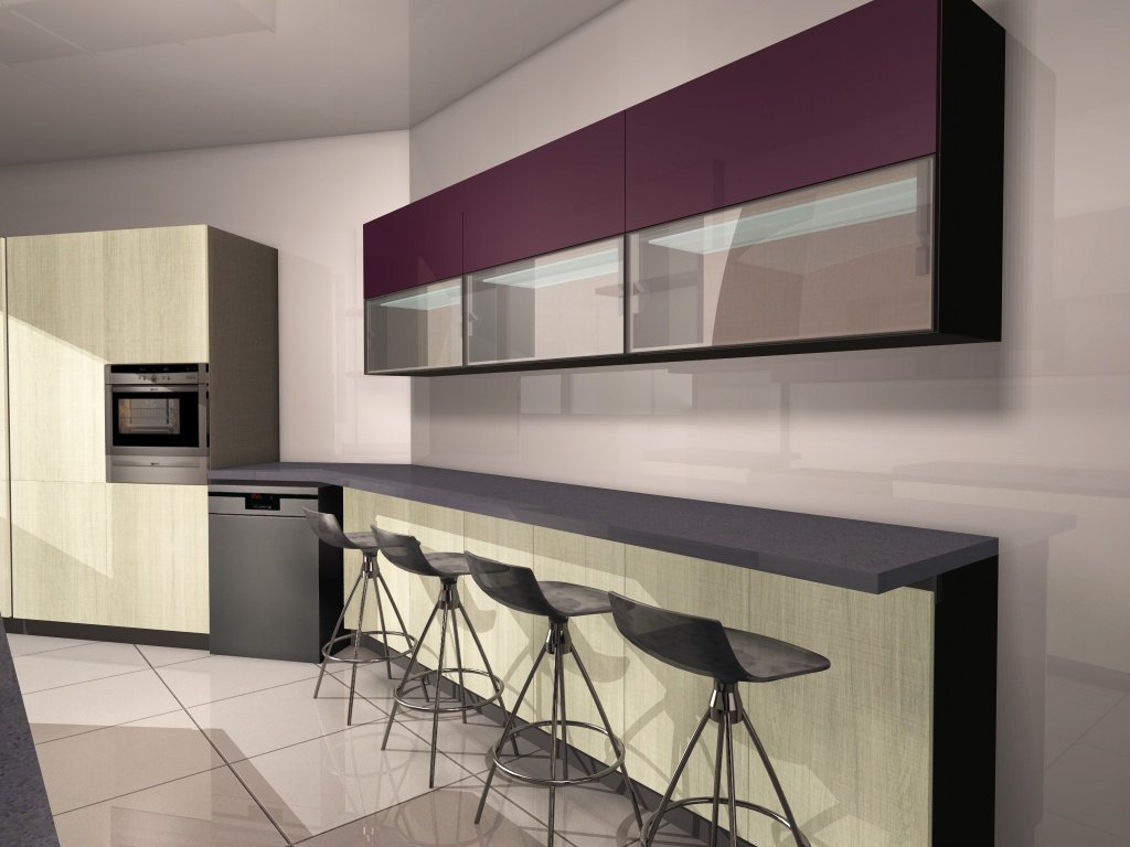 Oak and aubergine kitchen with a breakfast counter