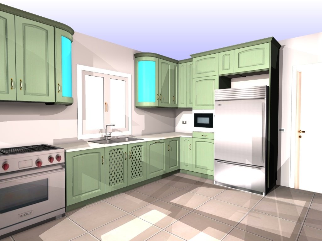 Sage green classic kitchen with glass cabinets