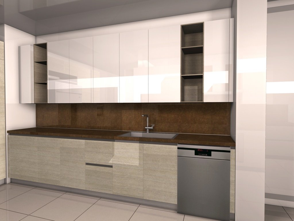 White lacquer and oak kitchen wall