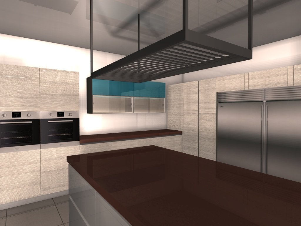 Kitchen with a dark island and suspended hood